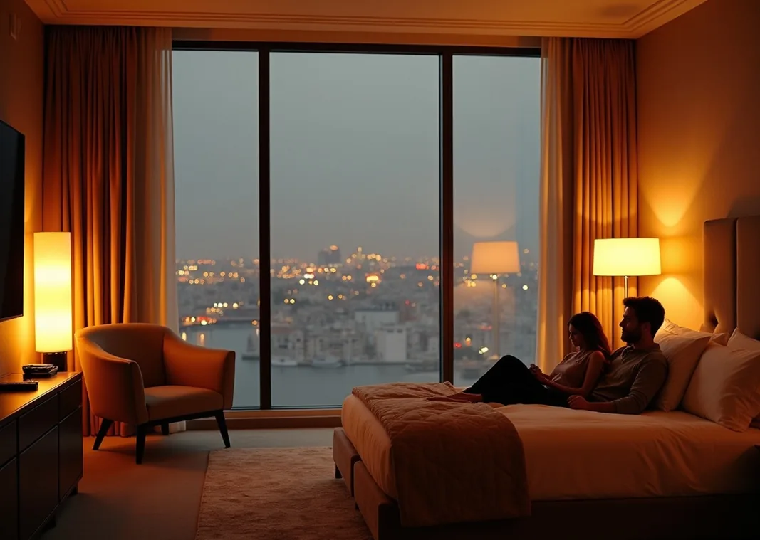Luxury hotel suite in the evening a couple relaxing on a sofa while a large smart glass divider transitions