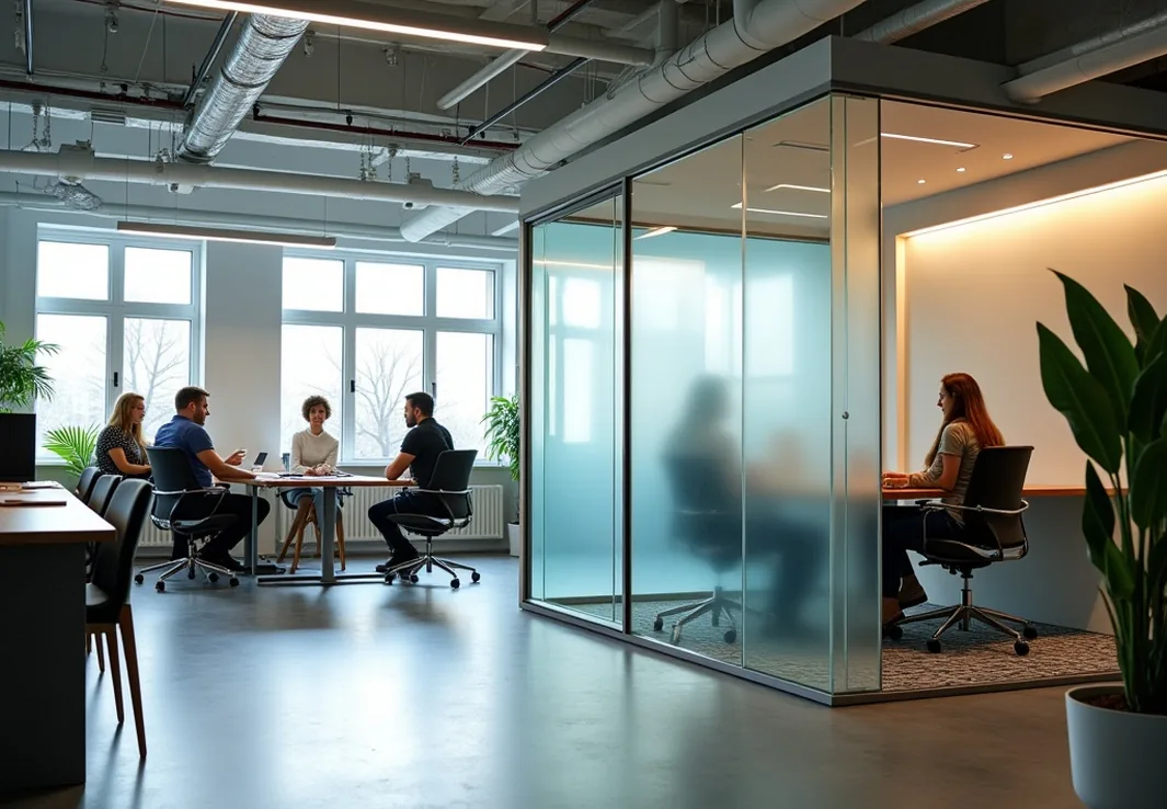 Contemporary open plan office at midday employees collaborating while a smart glass meeting pod turns opaque