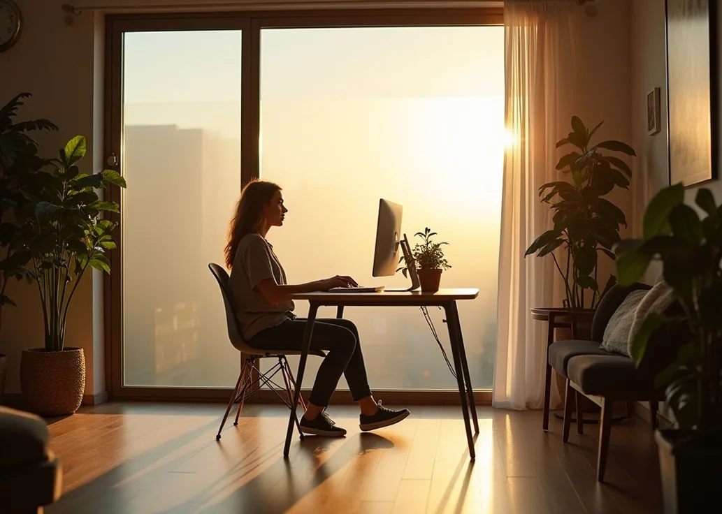Cozy modern home office in the late afternoon a woman working at her desk as a smart glass wall becomes opaque