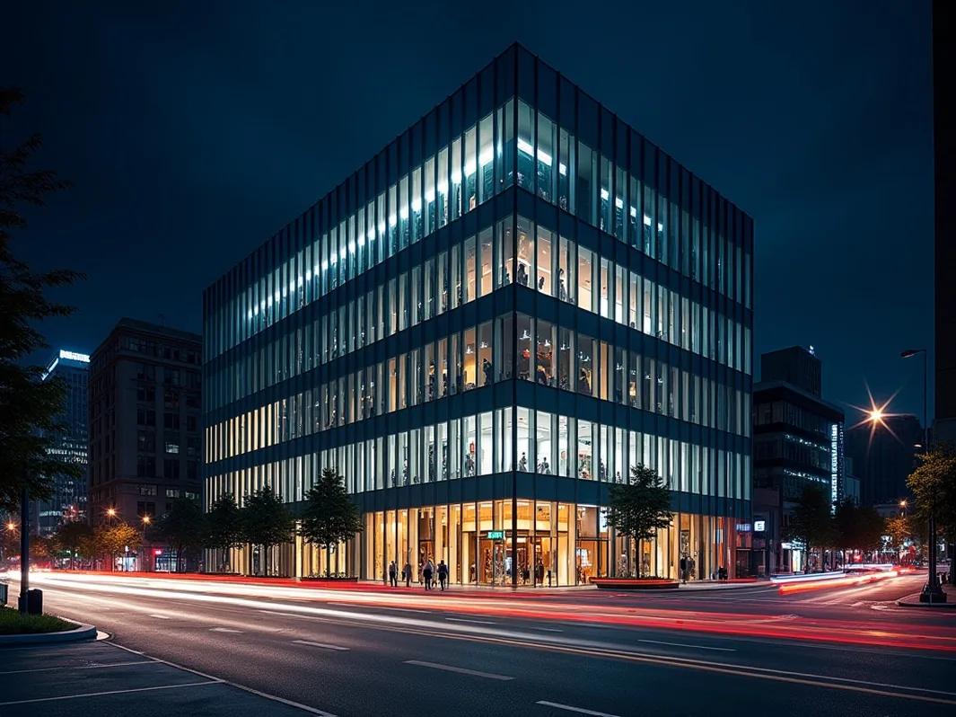 Dramatic night exterior of a luxury commercial building with facade integrated smart glass glowing
