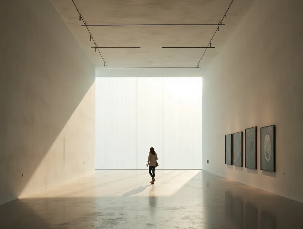 Modern art gallery interior with electrochromic glass walls tinting to protect artworks from sunlight