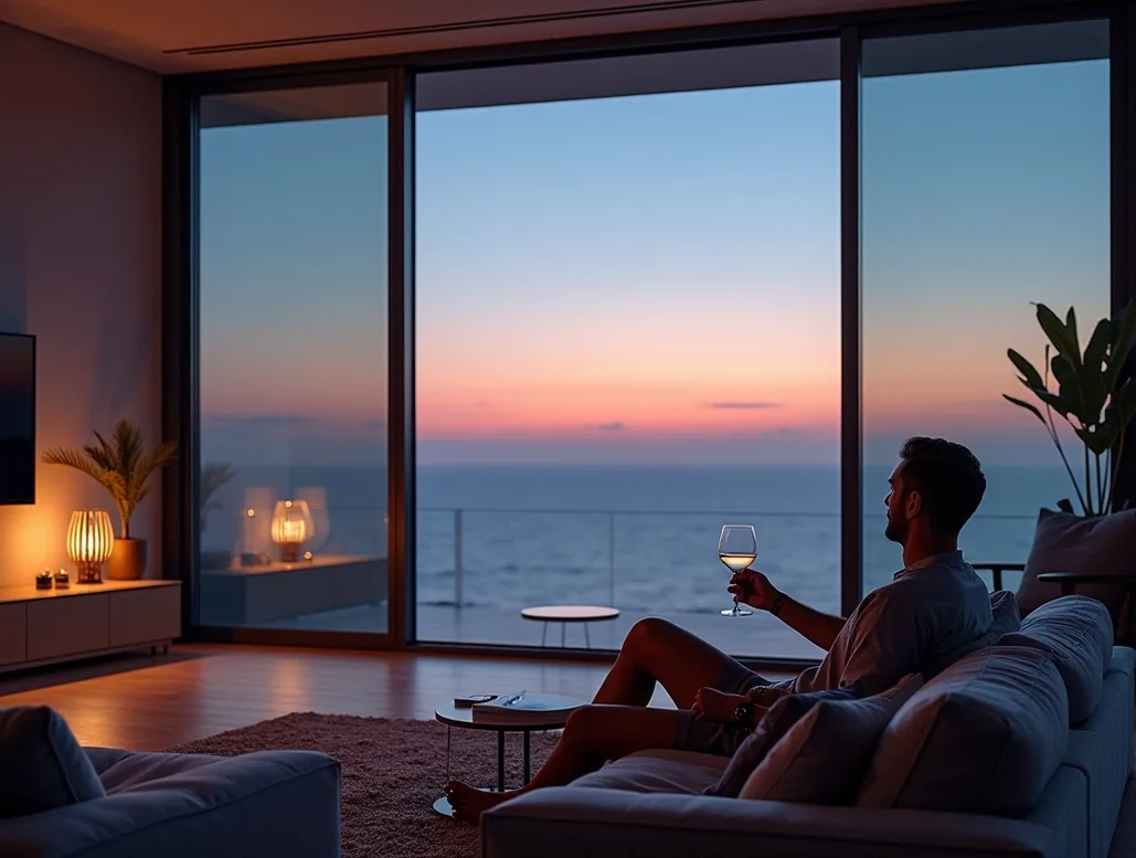 Penthouse living room at twilight with expansive smart glass facade automatically tinting as the sun sets
