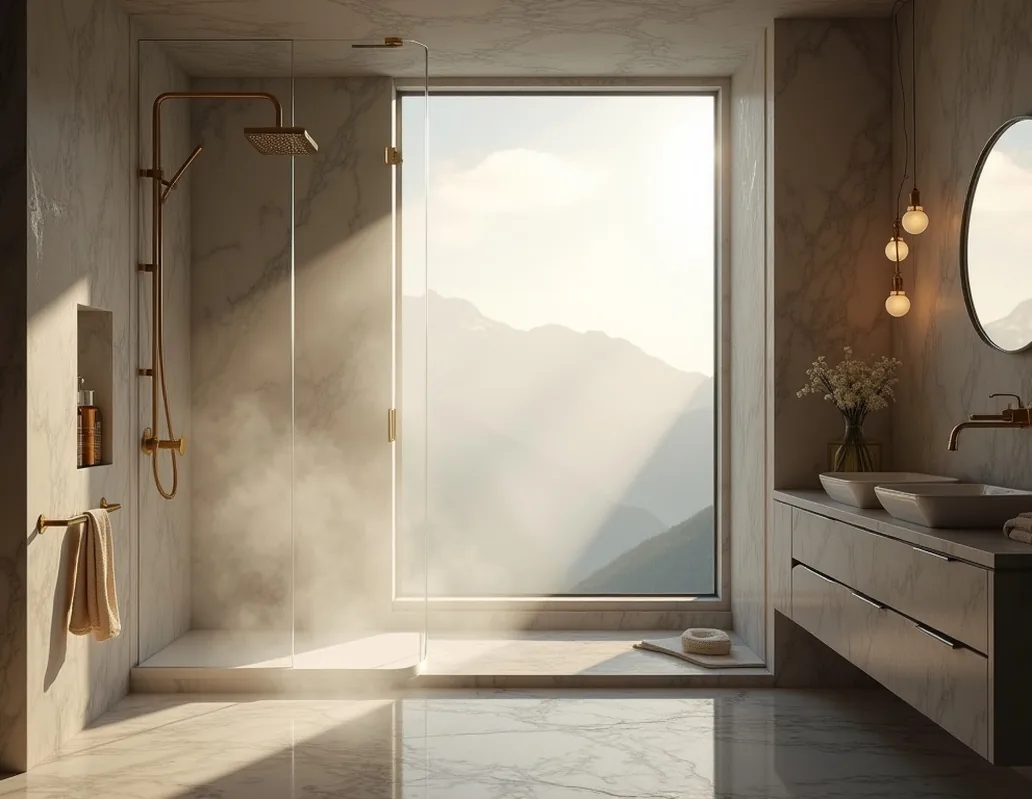 Serene high end bathroom at early morning a curved smart glass shower enclosure turning translucent