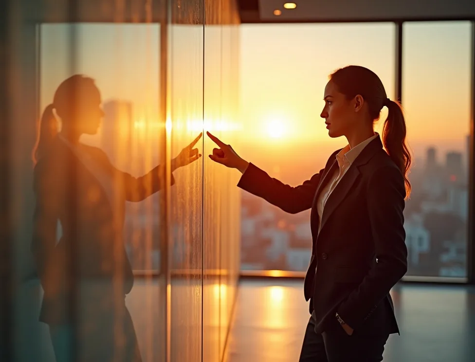 Sleek modern executive boardroom at golden hour with floor to ceiling smart glass walls transitioning