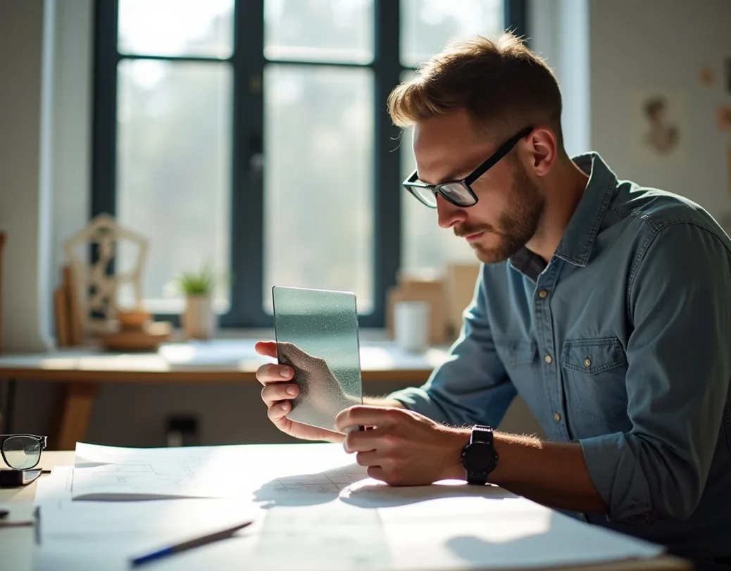 Architect in a creative studio examining a smart glass sample held up to natural light
