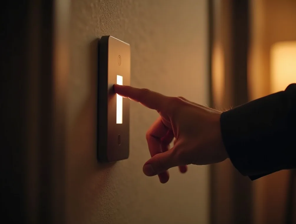 Close-up of a mans hand touching a minimalist illuminated control switch on a wall with adjacent smart glass