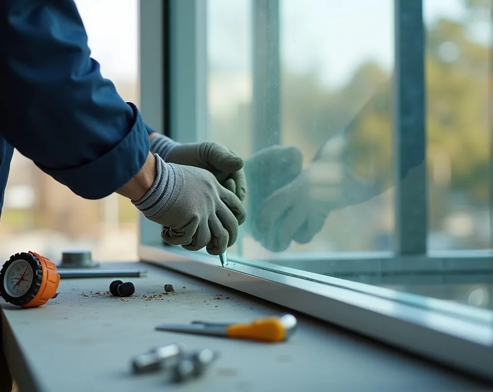 Detailed shot of skilled installer hands in work gloves carefully mounting a large smart glass panel