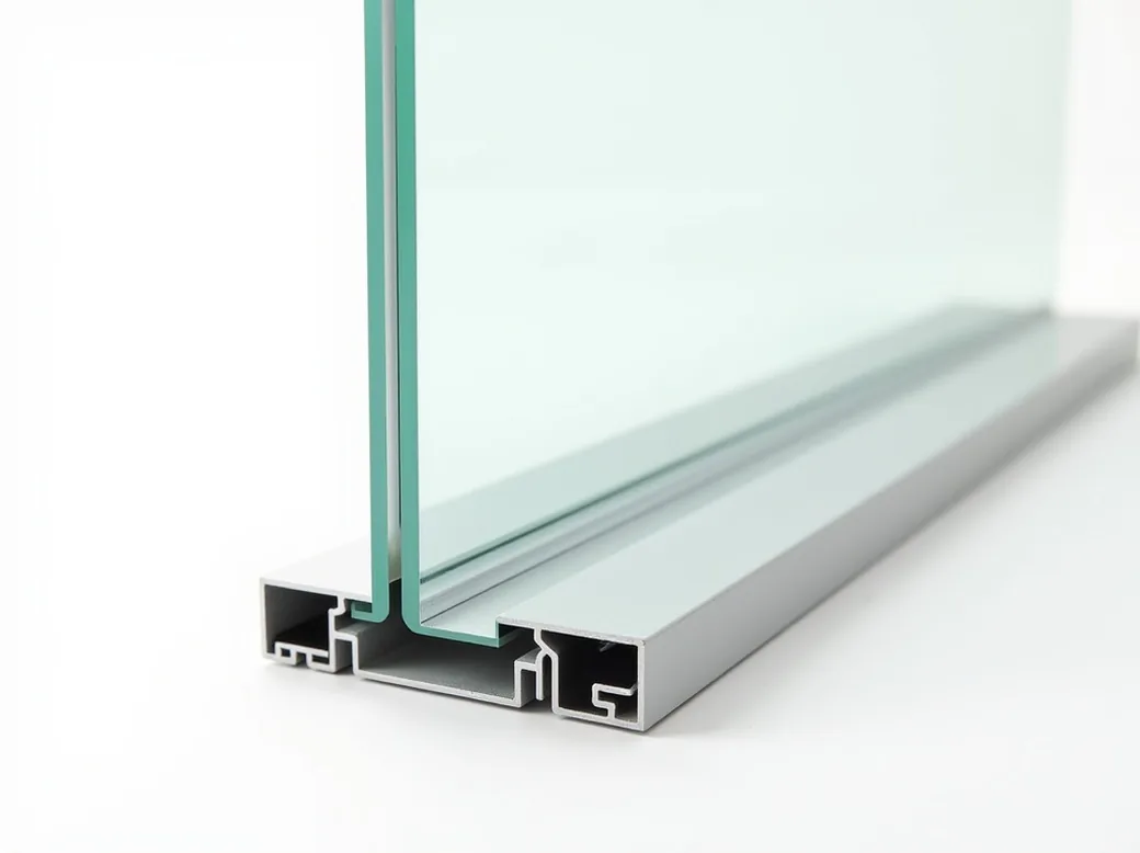 Cross-section style product photo of a residential smart glass sliding door system on white background