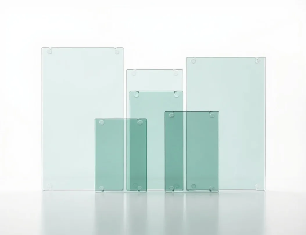 Family shot arrangement of multiple facade integrated smart glass panels in varying sizes standing together