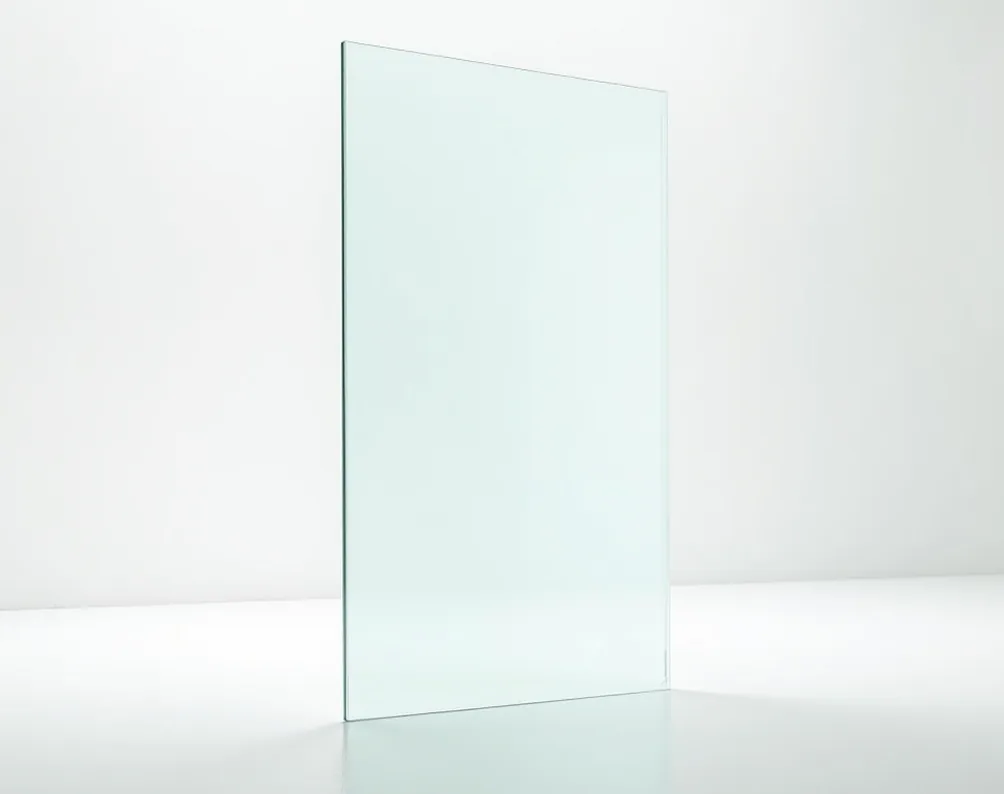 Frameless electrochromic smart glass partition panel standing upright on white background