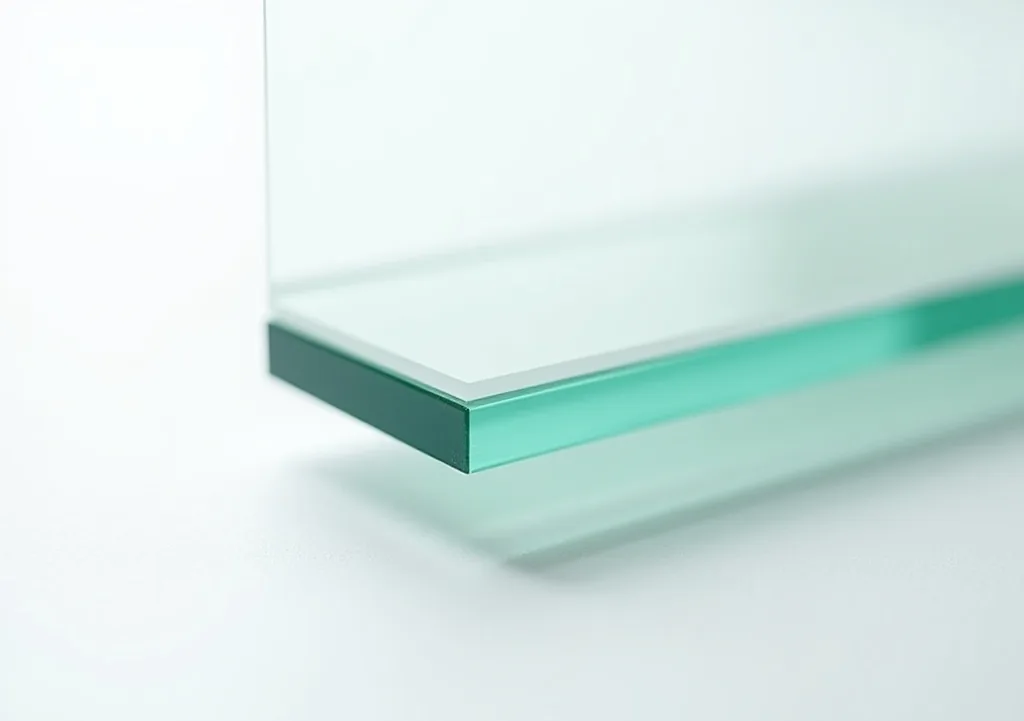 Macro close-up of the layered cross section edge of an electrochromic glass unit on white background