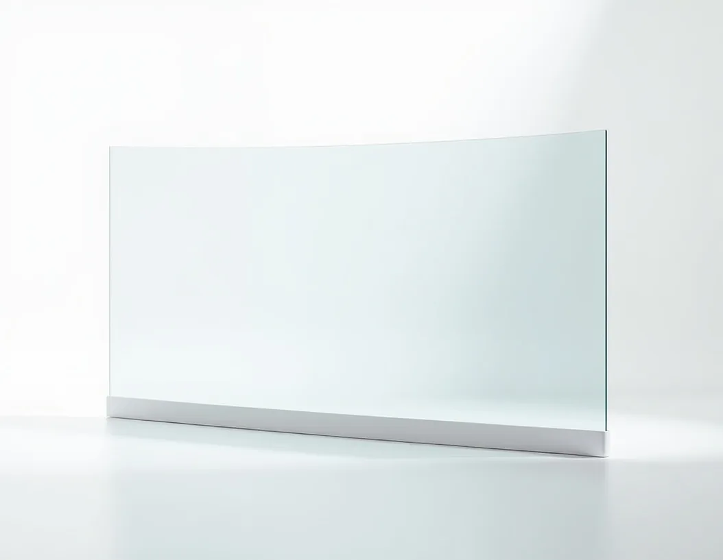 Three quarter angle product shot of a curved smart glass unit gently bending on white seamless background