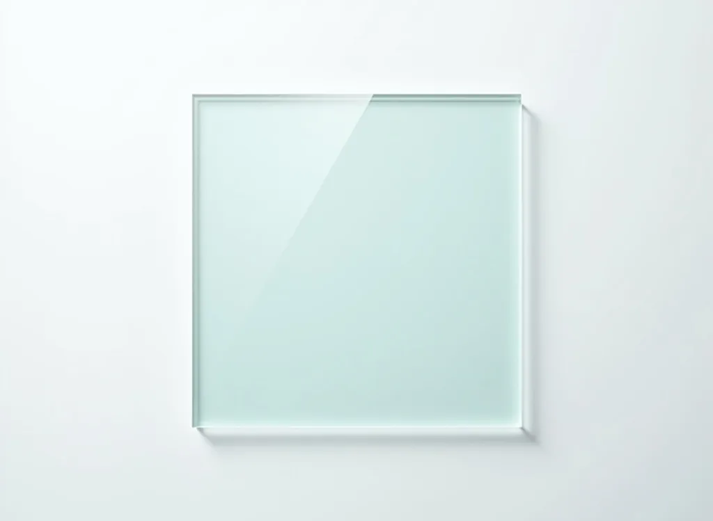 Top-down overhead shot of an ultra clear smart laminated glass sample placed flat on pure white surface